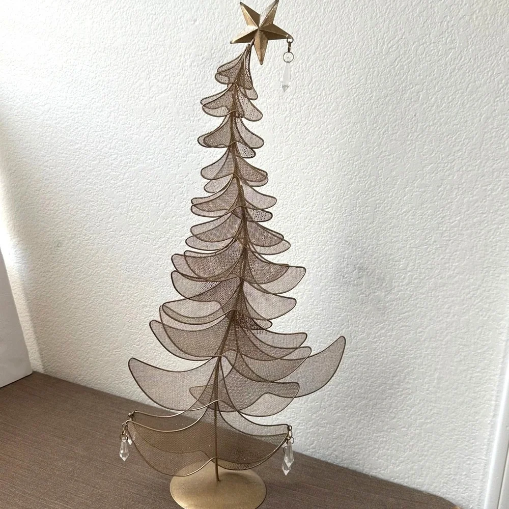 Pier 1 Imports Tabletop Christmas Tree Gold Wire Mesh Teardrop Crystals Star Top